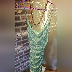 💥PROM SALE💥PROM/DANCE/SPECIAL EVENT Green Floral Cowl Neck Long Slip Dress